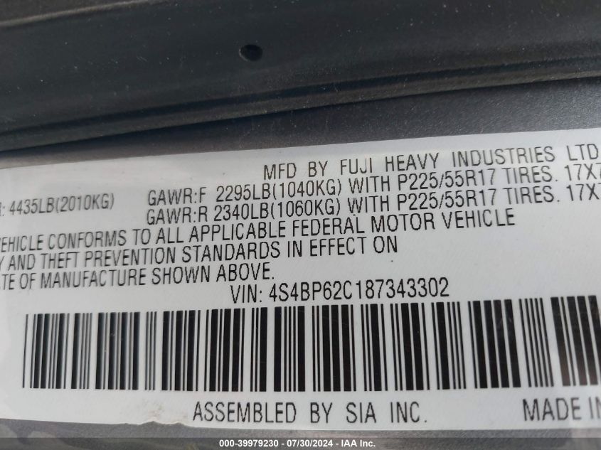 2008 Subaru Outback 2.5I Limited/2.5I Limited L.l. Bean Edition VIN: 4S4BP62C187343302 Lot: 39979230