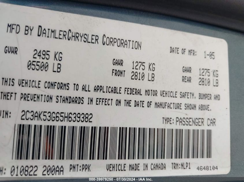 2005 Chrysler 300 Touring VIN: 2C3AK53G65H639382 Lot: 39979250