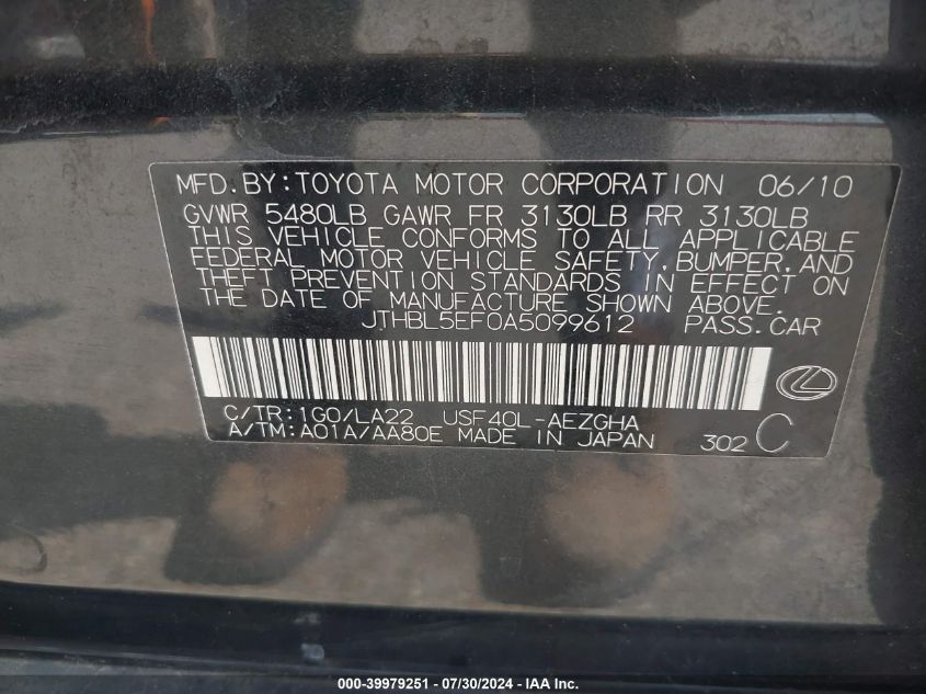 JTHBL5EF0A5099612 2010 Lexus Ls 460