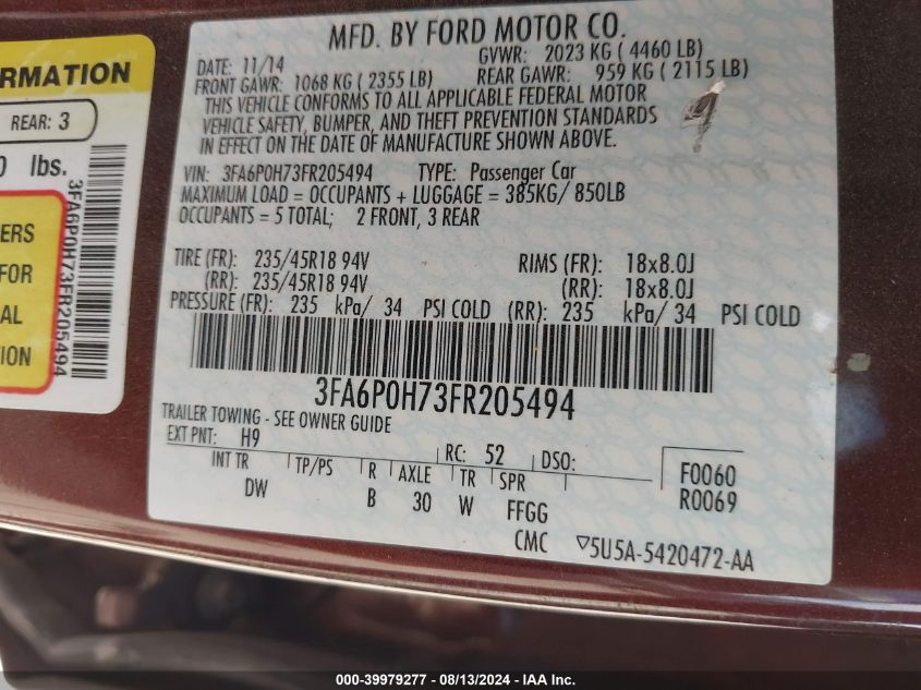 2015 FORD FUSION SE - 3FA6P0H73FR205494