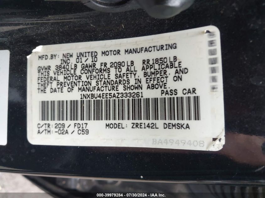 2010 Toyota Corolla S VIN: 1NXBU4EE5AZ333261 Lot: 39979284