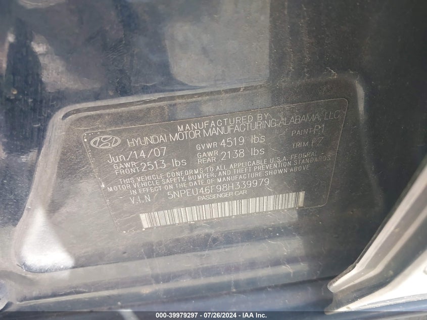 2008 Hyundai Sonata Limited V6/Se V6 VIN: 5NPEU46F98H339979 Lot: 39979297