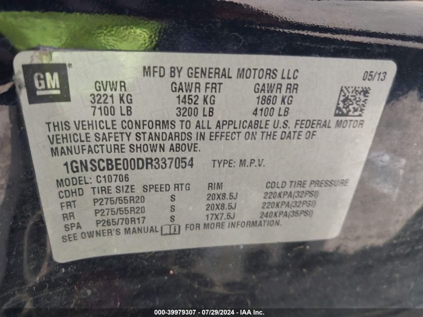 2013 Chevrolet Tahoe Lt VIN: 1GNSCBE00DR337054 Lot: 39979307