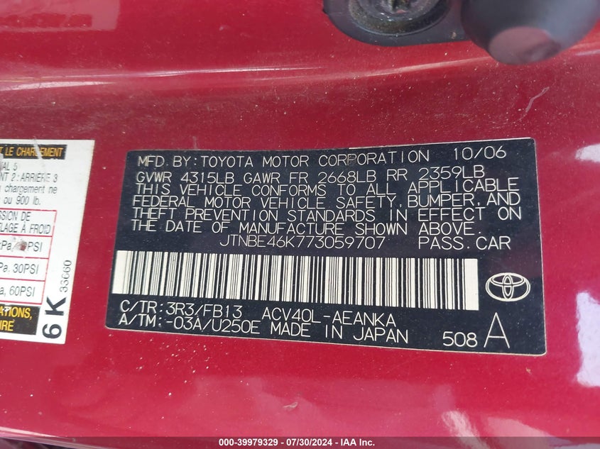 2007 Toyota Camry Le VIN: JTNBE46K773059707 Lot: 39979329