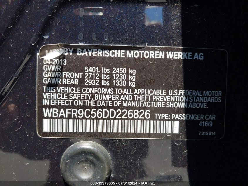 2013 BMW 550I VIN: WBAFR9C56DD226826 Lot: 39979335
