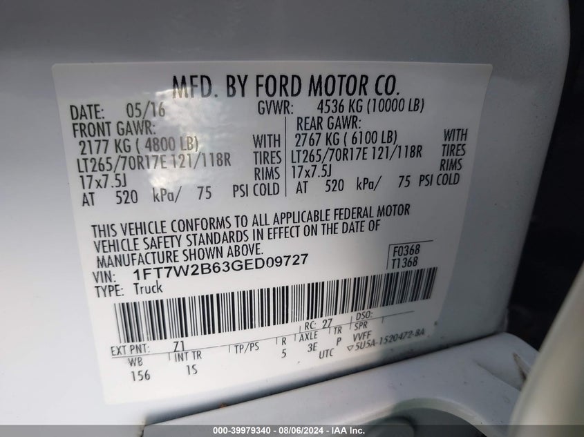2016 Ford F-250 Super Duty VIN: 1FT7W2B63GED09727 Lot: 39979340
