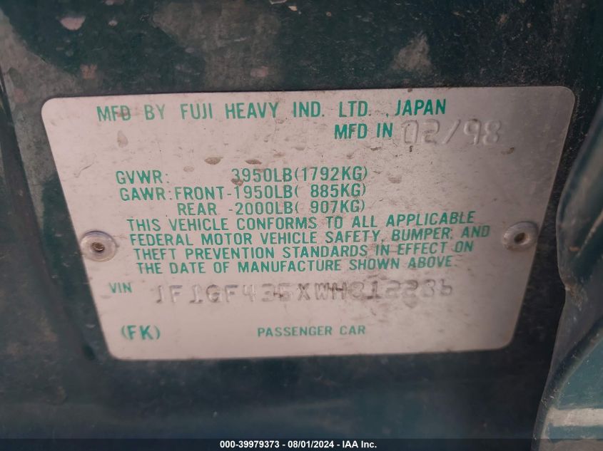 1998 Subaru Impreza L VIN: JF1GF435XWH812286 Lot: 39979373