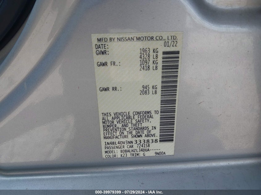 2022 Nissan Altima Sv Fwd VIN: 1N4BL4DV3NN333838 Lot: 39979399