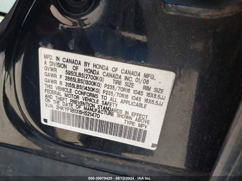 2006 Honda Pilot Lx VIN: 2HKYF181X6H521470 Lot: 39979420