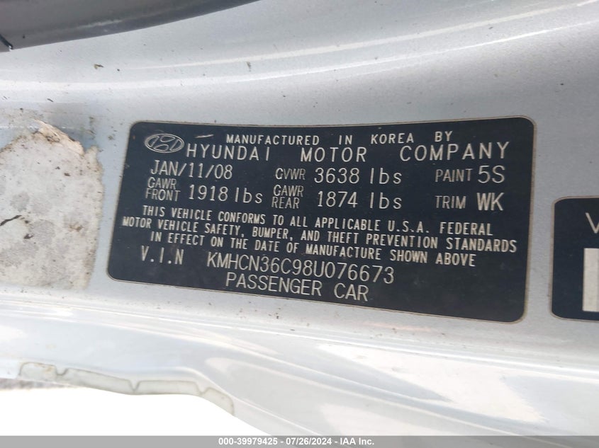 2008 Hyundai Accent Se VIN: KMHCN36C98U076673 Lot: 39979425
