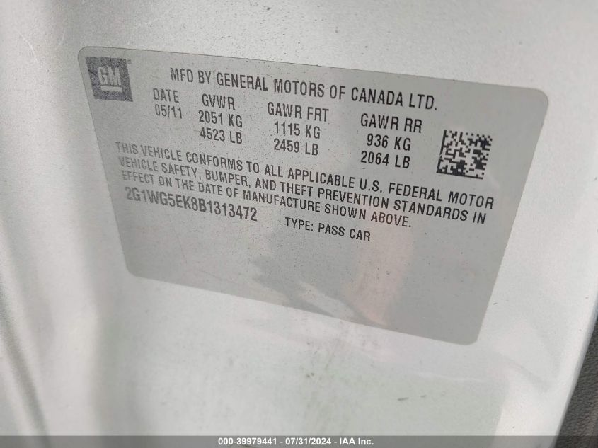 2011 Chevrolet Impala Lt VIN: 2G1WG5EK8B1313472 Lot: 39979441