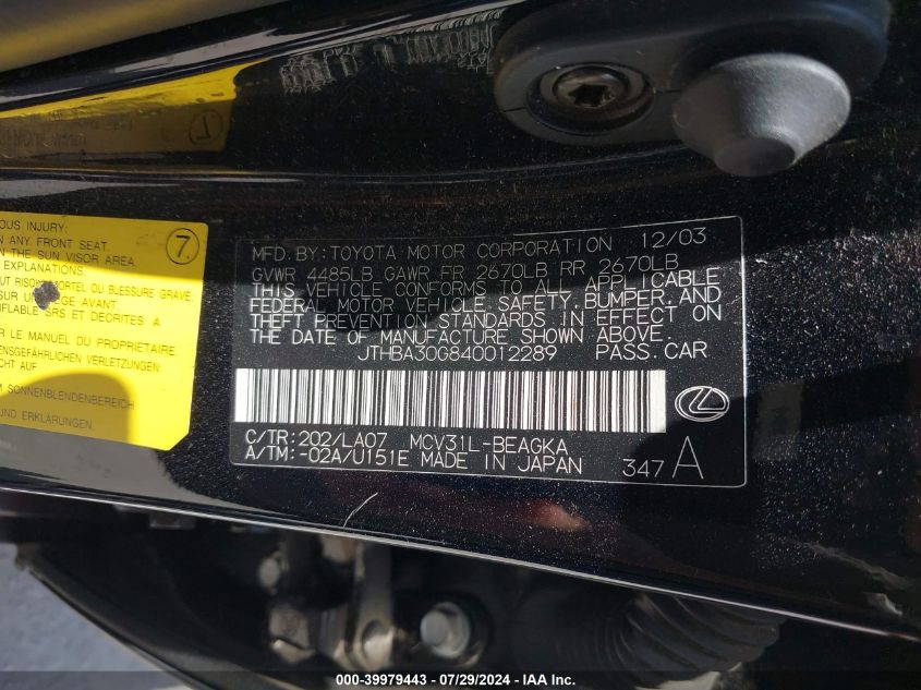 2004 Lexus Es 330 330 VIN: JTHBA30G840012289 Lot: 39979443