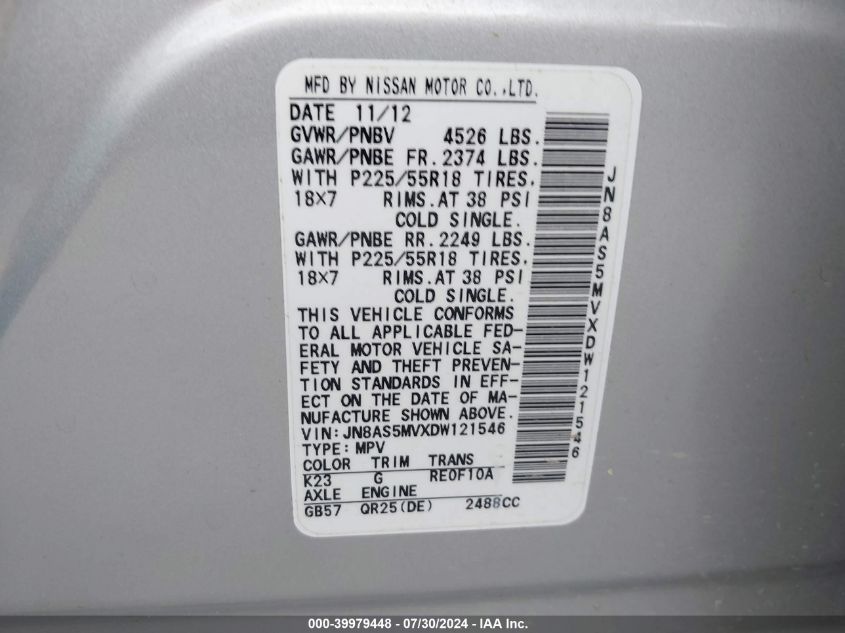 2013 Nissan Rogue Sv W/Sl Pkg VIN: JN8AS5MVXDW121546 Lot: 39979448