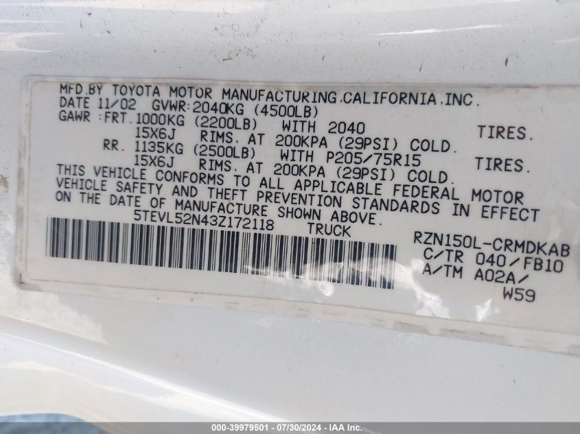 2003 Toyota Tacoma VIN: 5TEVL52N43Z172118 Lot: 39979501