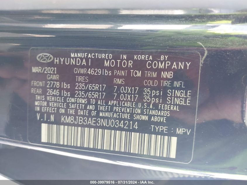 2022 Hyundai Tucson Sel VIN: KM8JB3AE3NU034214 Lot: 39979516