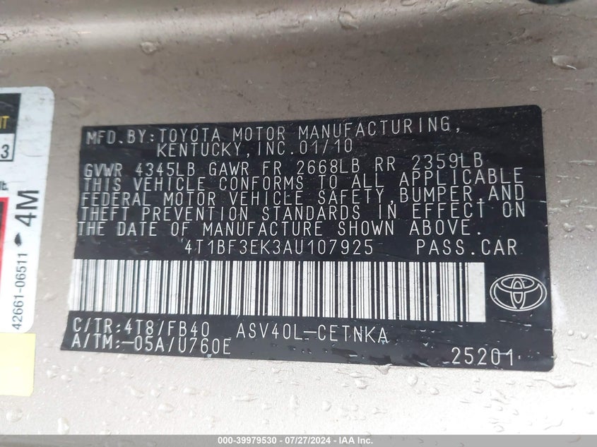 2010 Toyota Camry Se/Le/Xle VIN: 4T1BF3EK3AU107925 Lot: 39979530