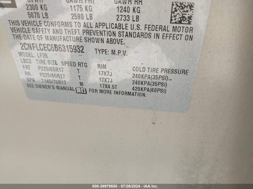 2011 Chevrolet Equinox Ls VIN: 2CNFLCEC6B6315932 Lot: 39979550