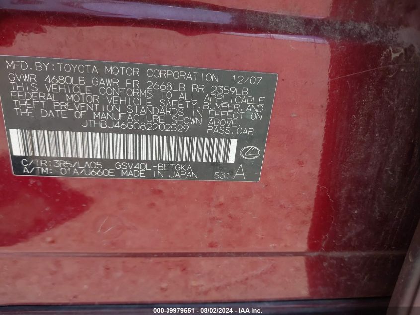 2008 Lexus Es 350 VIN: JTHBJ46G082202529 Lot: 39979551