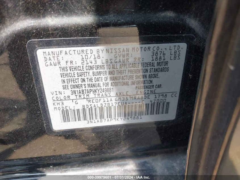 2019 NISSAN SENTRA SV - 3N1AB7AP9KY249881