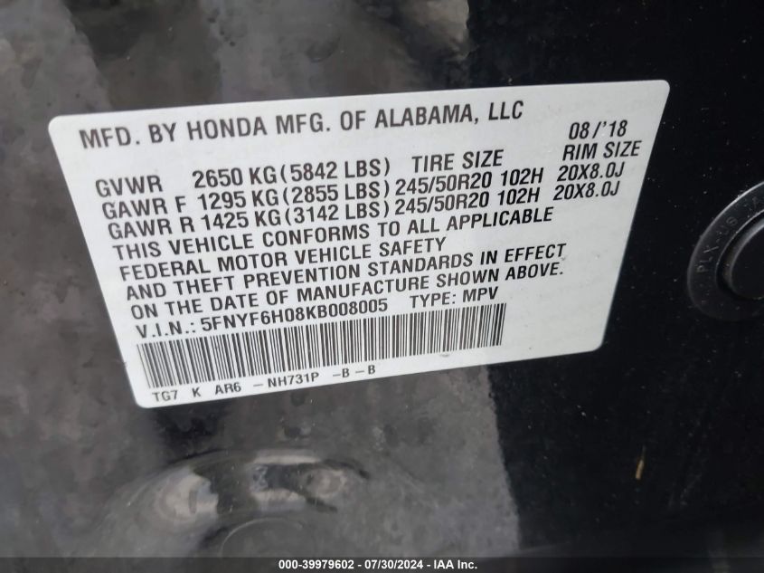 2019 Honda Pilot Elite VIN: 5FNYF6H08KB008005 Lot: 39979602