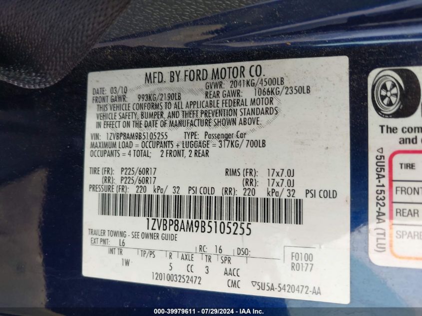 2011 Ford Mustang V6 VIN: 1ZVBP8AM9B5105255 Lot: 39979611