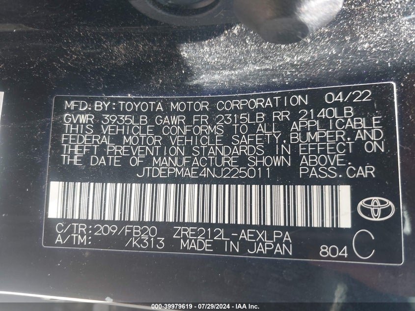 2022 TOYOTA COROLLA 1.8L I4   N(VIN: JTDEPMAE4NJ225011
