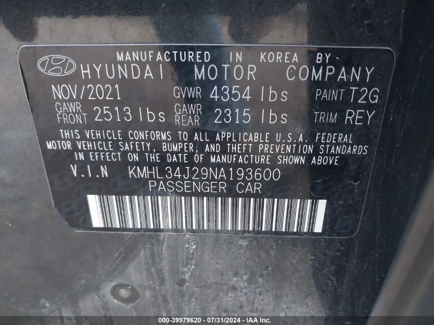 2022 Hyundai Sonata Limited VIN: KMHL34J29NA193600 Lot: 39979620