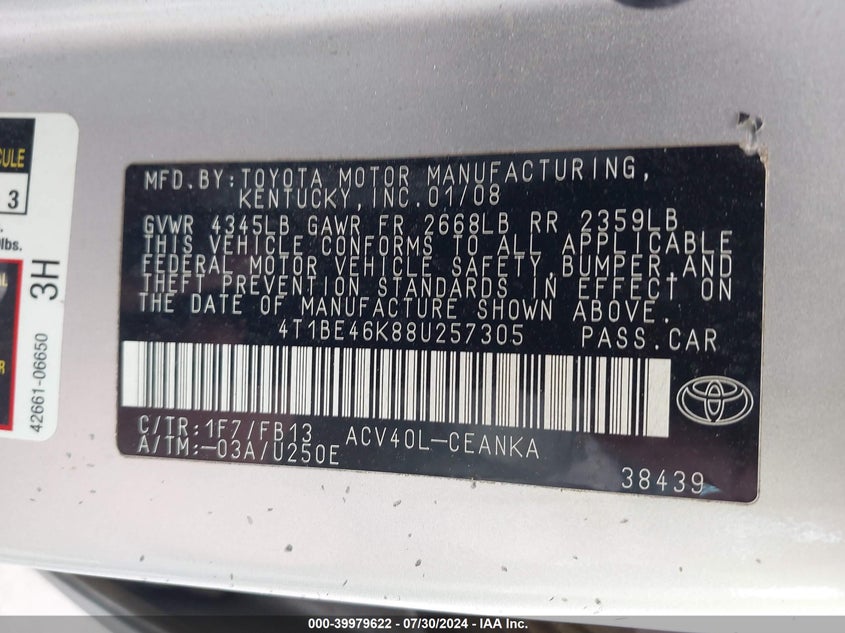 2008 Toyota Camry VIN: 4T1BE46K88U257305 Lot: 39979622