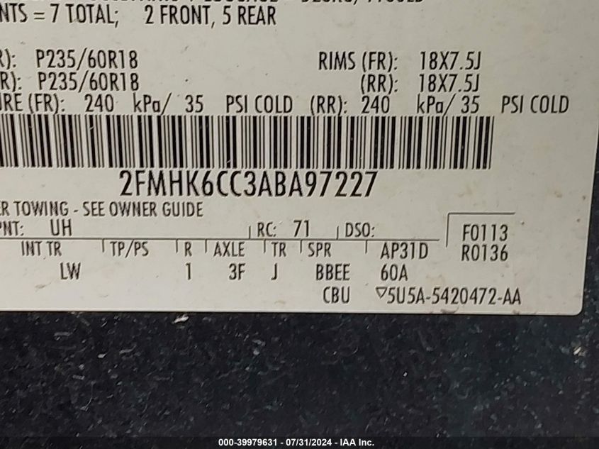 2010 Ford Flex Sel VIN: 2FMHK6CC3ABA97227 Lot: 39979631