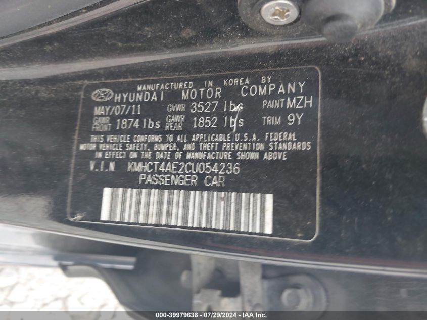 2012 Hyundai Accent Gls/Gs VIN: KMHCT4AE2CU054236 Lot: 39979636