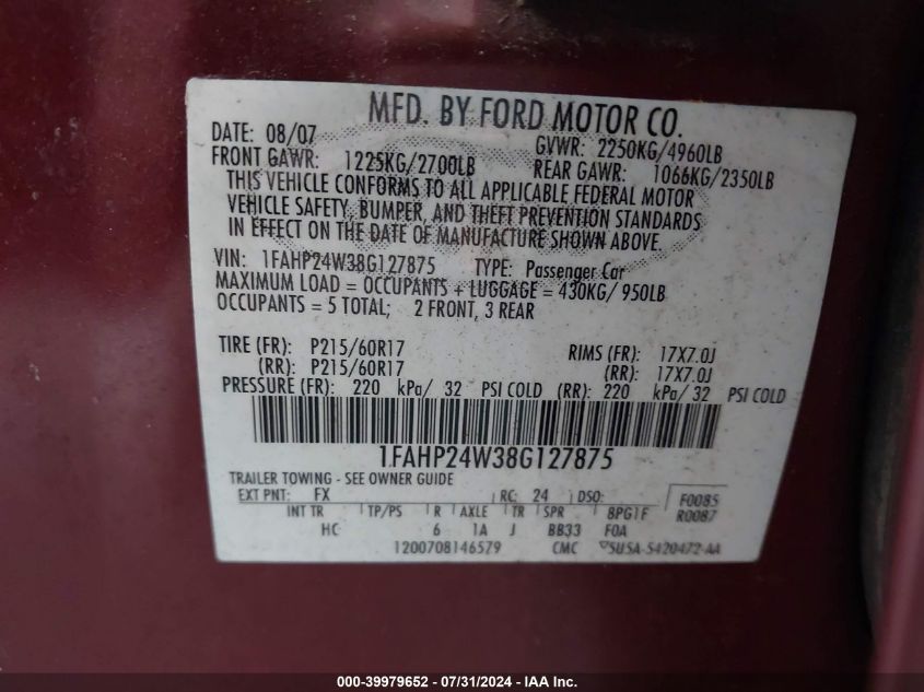 2008 Ford Taurus Sel VIN: 1FAHP24W38G127875 Lot: 39979652