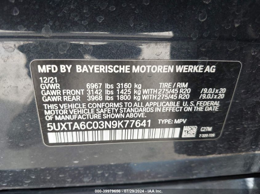 2022 BMW X5 Phev xDrive45E VIN: 5UXTA6C03N9K77641 Lot: 39979656