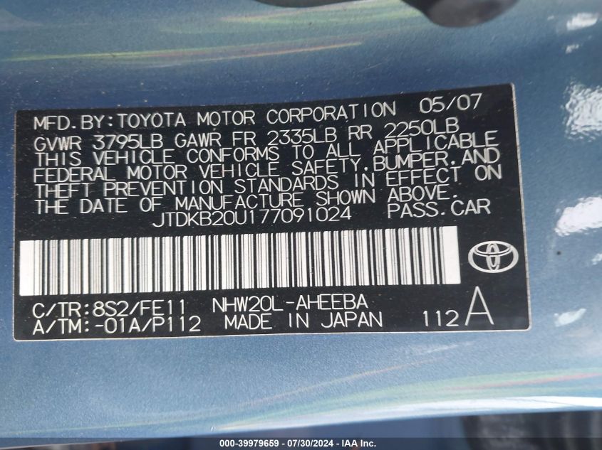 2007 Toyota Prius VIN: JTDKB20U177091024 Lot: 39979659