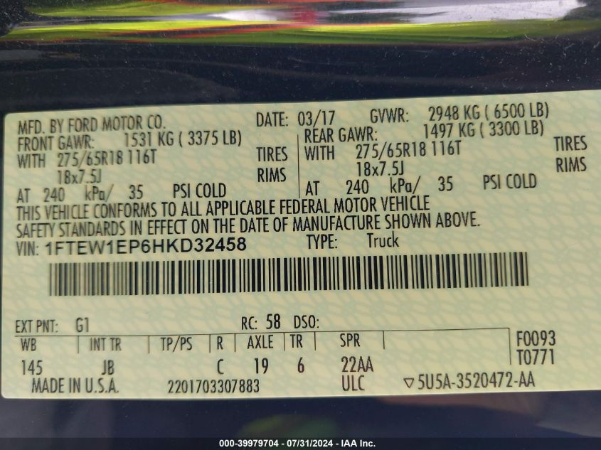 2017 Ford F-150 Xlt VIN: 1FTEW1EP6HKD32458 Lot: 39979704