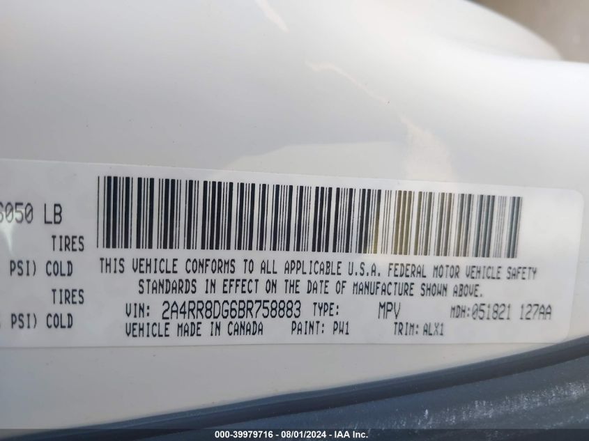 2011 Chrysler Town & Country Touring-L VIN: 2A4RR8DG6BR758883 Lot: 39979716