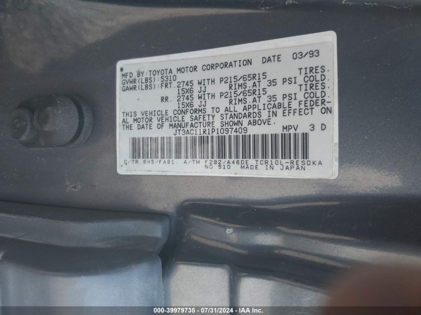 1993 Toyota Previa Dx VIN: JT3AC11R1P1097409 Lot: 39979735