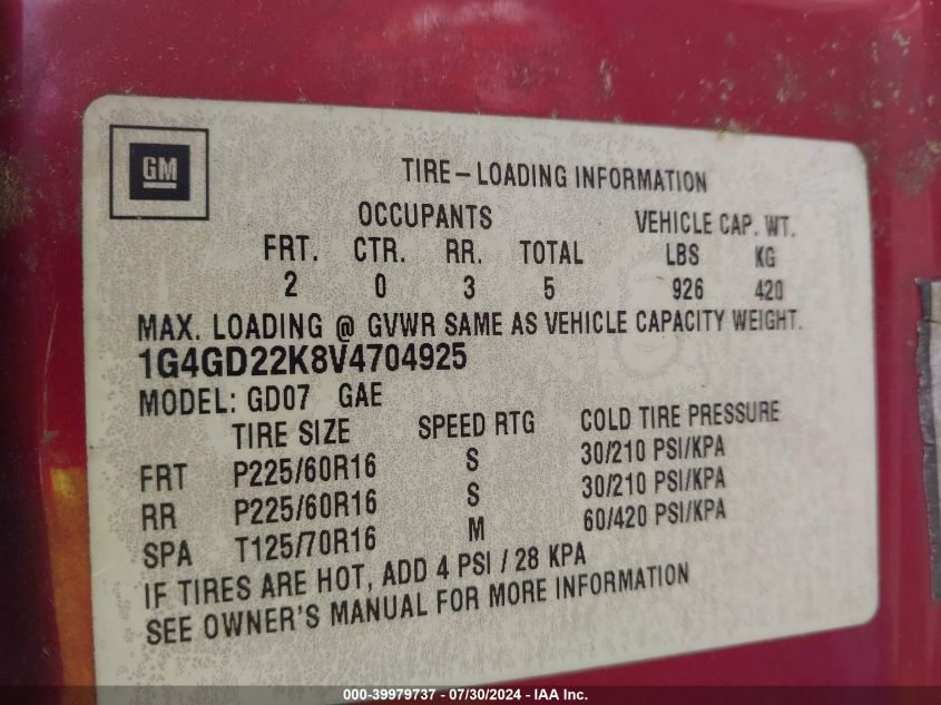 1997 Buick Riviera VIN: 1G4GD22K8V4704925 Lot: 39979737