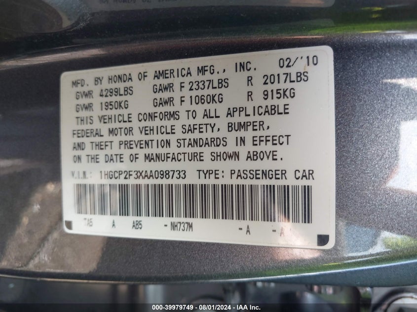 2010 Honda Accord 2.4 Lx VIN: 1HGCP2F3XAA098733 Lot: 39979749