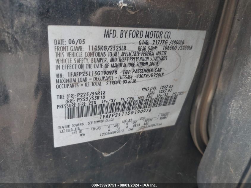 2005 Ford Five Hundred Limited VIN: 1FAFP25115G190978 Lot: 39979751