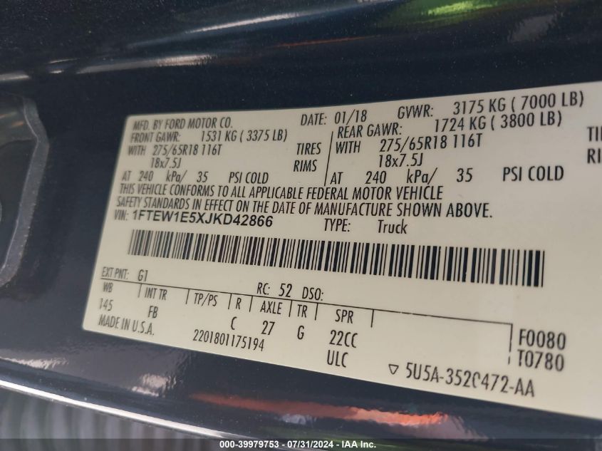 2018 Ford F-150 Xlt VIN: 1FTEW1E5XJKD42866 Lot: 39979753