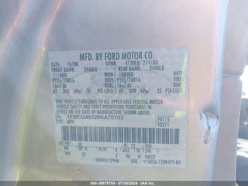 2009 Ford Escape Hybrid VIN: 1FMCU49329KA70103 Lot: 39979759