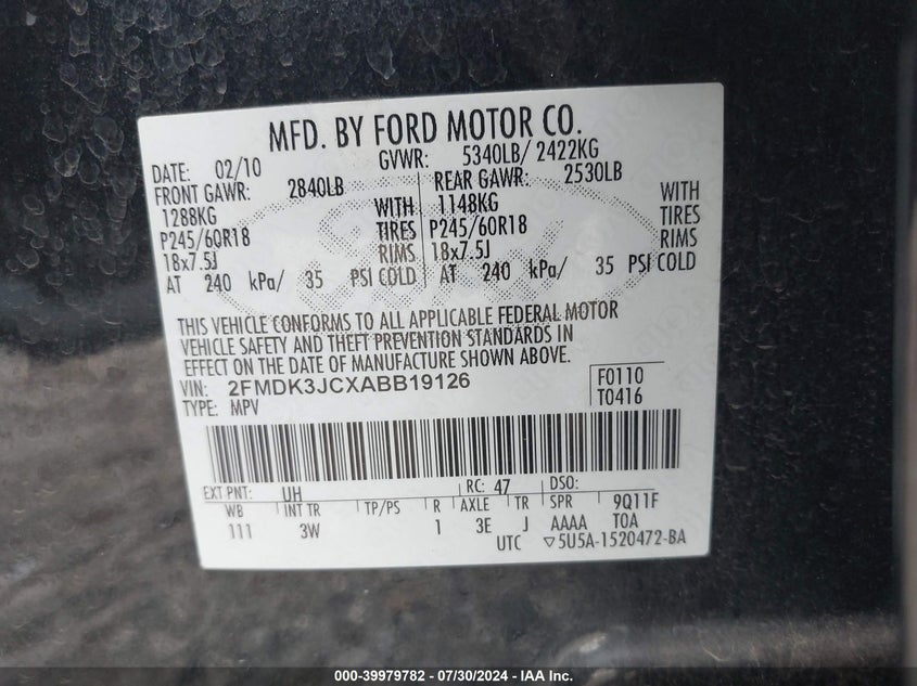 2010 Ford Edge Sel VIN: 2FMDK3JCXABB19126 Lot: 39979782