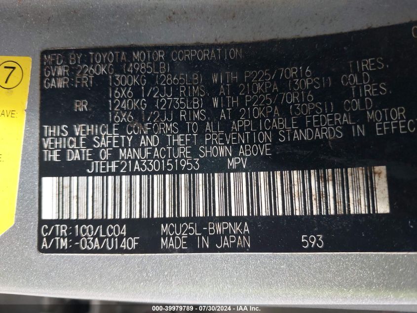 2003 Toyota Highlander Limited V6 VIN: JTEHF21A330151953 Lot: 39979789