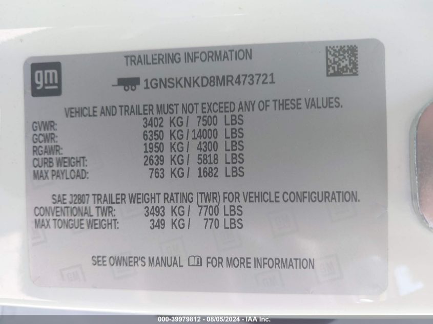 2021 CHEVROLET TAHOE K1500 LT - 1GNSKNKD8MR473721