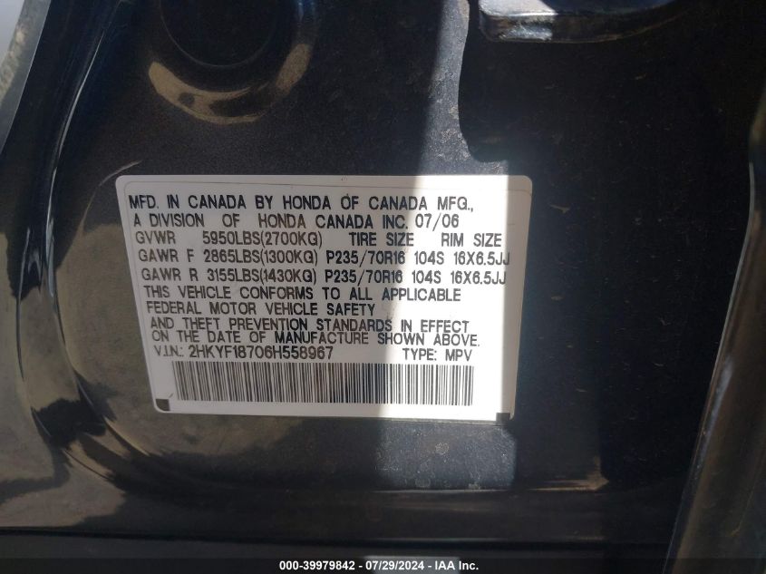 2006 Honda Pilot Ex-L VIN: 2HKYF18706H558967 Lot: 39979842