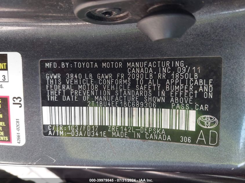 2011 Toyota Corolla S VIN: 2T1BU4EE1BC689306 Lot: 39979845