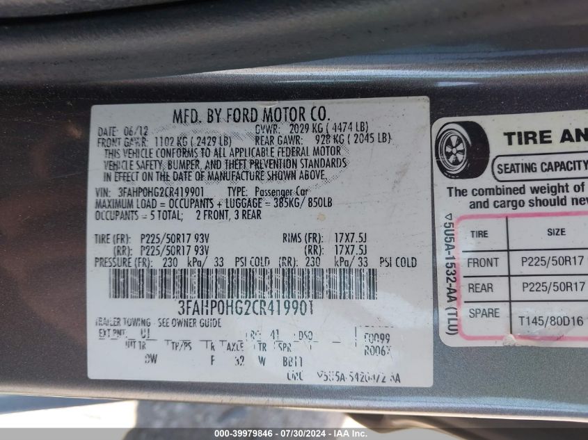 2012 Ford Fusion Se VIN: 3FAHP0HG2CR419901 Lot: 39979846