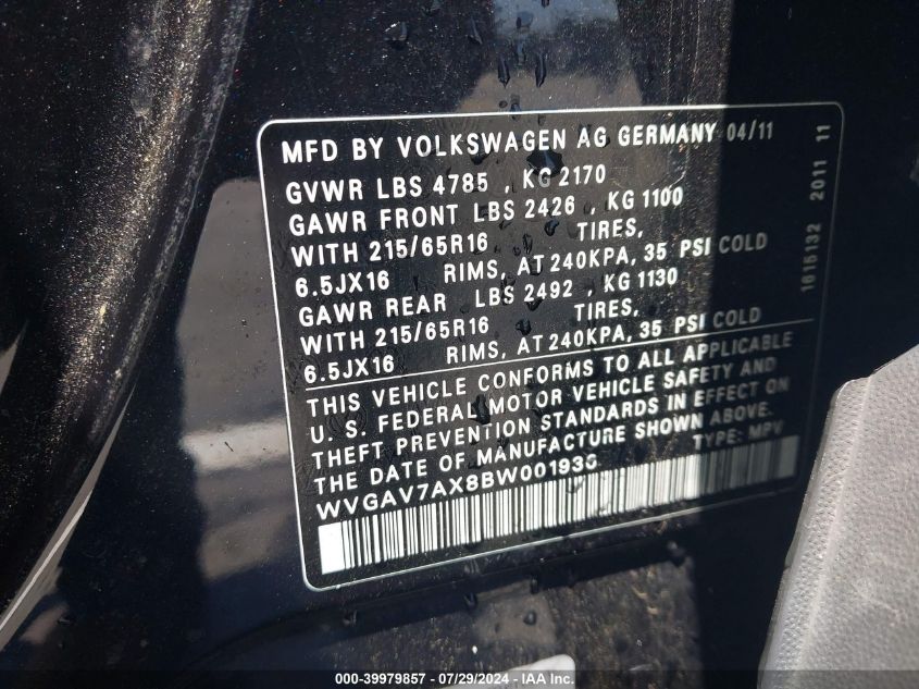 2011 Volkswagen Tiguan S VIN: WVGAV7AX8BW001936 Lot: 39979857