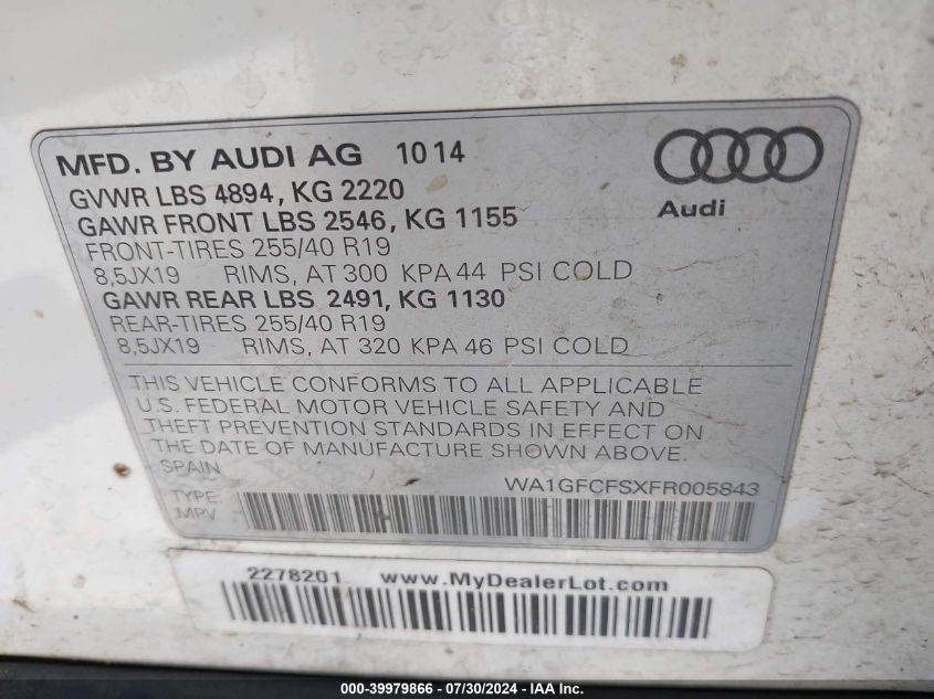 2015 Audi Q3 Prestige VIN: WA1GFCFSXFR005843 Lot: 39979866