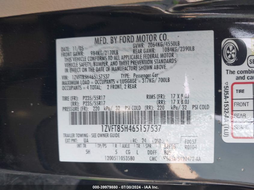 2006 Ford Mustang Gt VIN: 1ZVFT85H465157537 Lot: 39979880